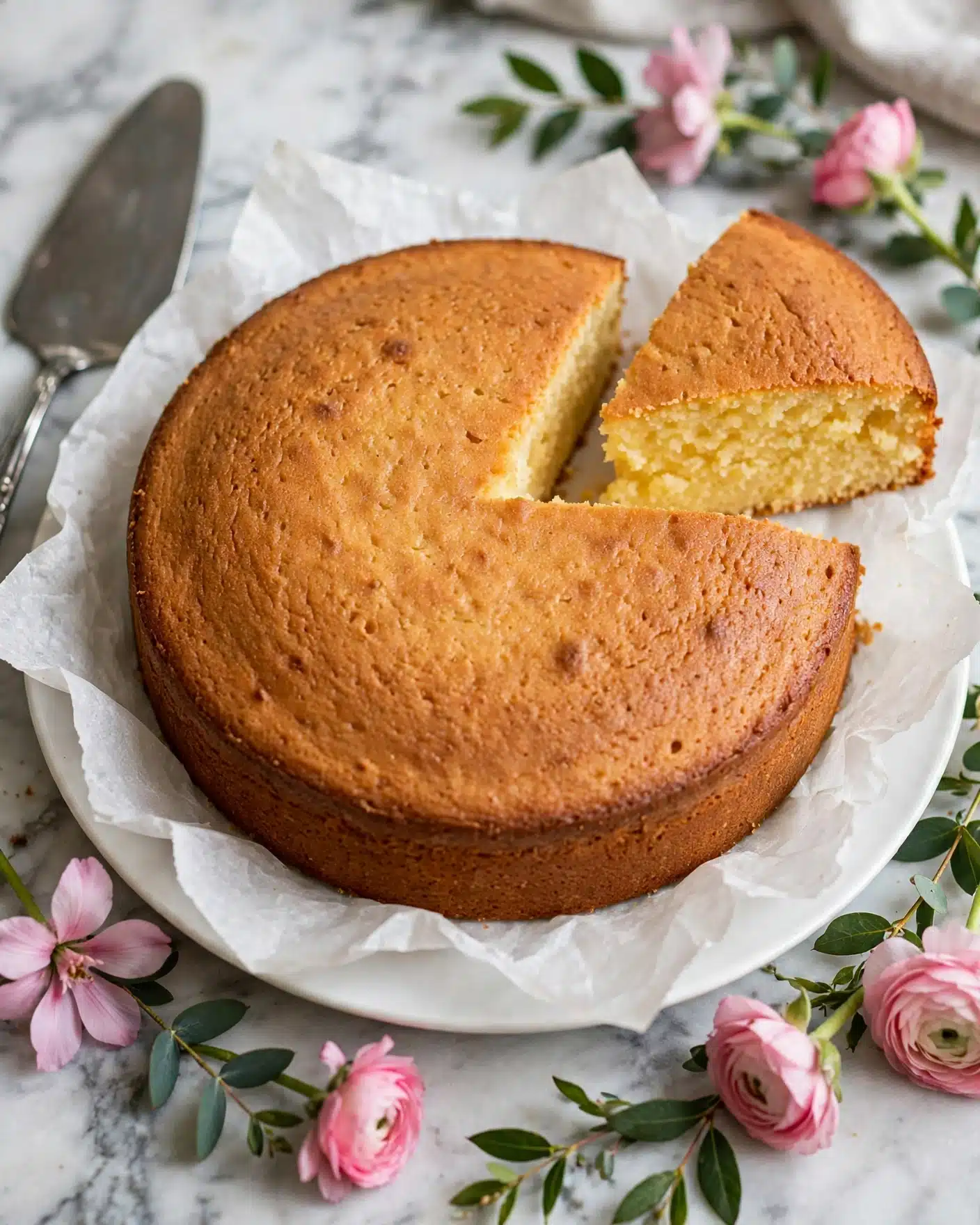 My Best Vanilla Cake - Moist and Fluffy with Classic Buttercream Frosting Recipe 4 A round golden brown cake with a smooth, slightly textured top sits on a white plate lined with white parchment paper. One slice is lifted slightly away from the whole cake, showing a soft and moist yellow interior with a fine crumb texture. Around the plate, there are pink flowers and green leaves for decoration. To the left of the plate is a metal cake server with a white marbled surface beneath everything. photo taken with an iphone --ar 4:5 --v 7
