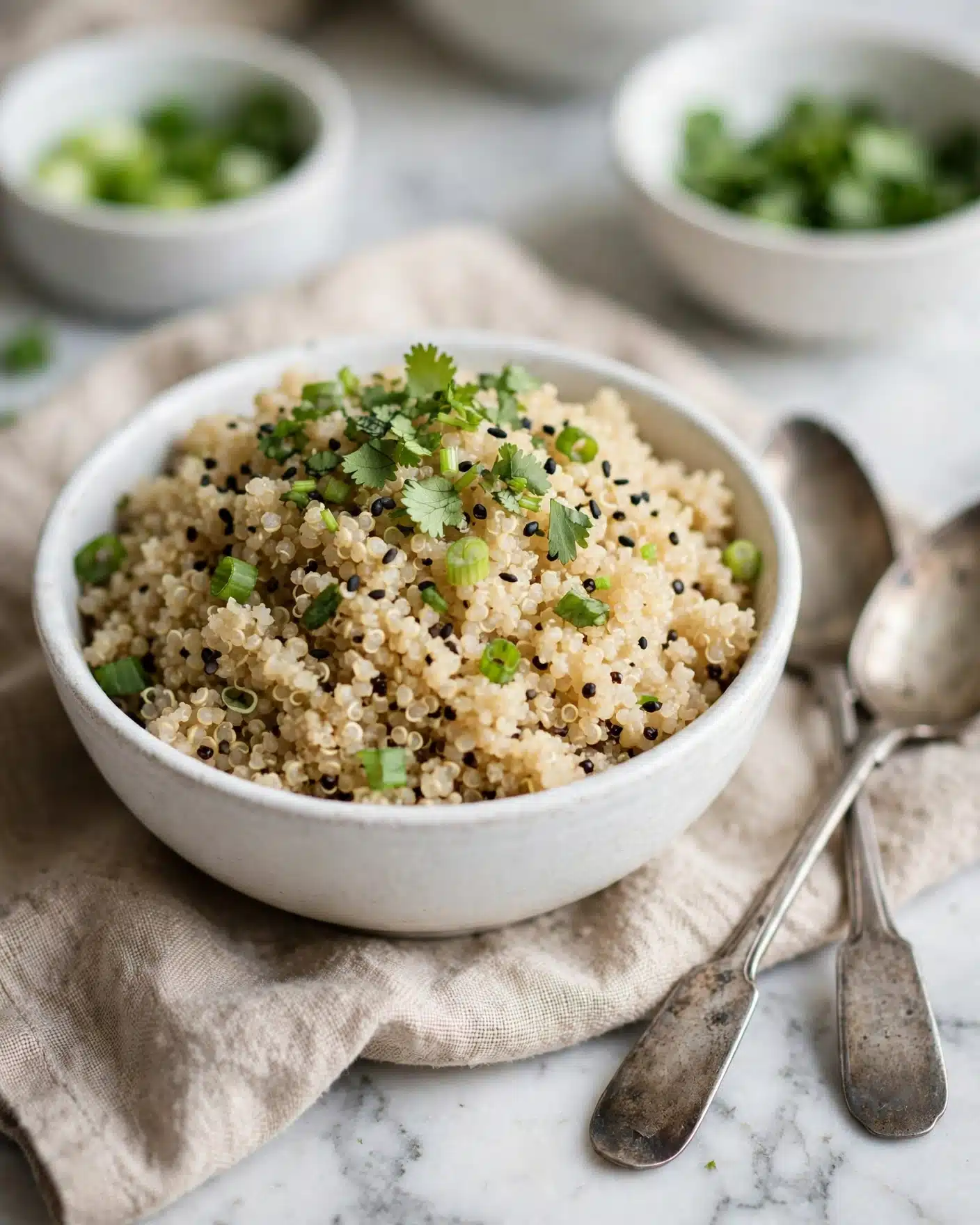 Ginger Miso Quinoa Recipe 5 A close-up view of a small white bowl filled with fluffy cooked quinoa, which is light beige in color with a soft, grainy texture. The quinoa is topped with small pieces of green onion and fresh, chopped cilantro, adding bright green accents, along with tiny black sesame seeds scattered on top. The bowl is sitting on a beige cloth napkin on a white marbled surface, with two old metal spoons crossed next to it. In the blurry background, there are small white cups containing more chopped green onions and cilantro leaves. photo taken with an iphone --ar 4:5 --v 7