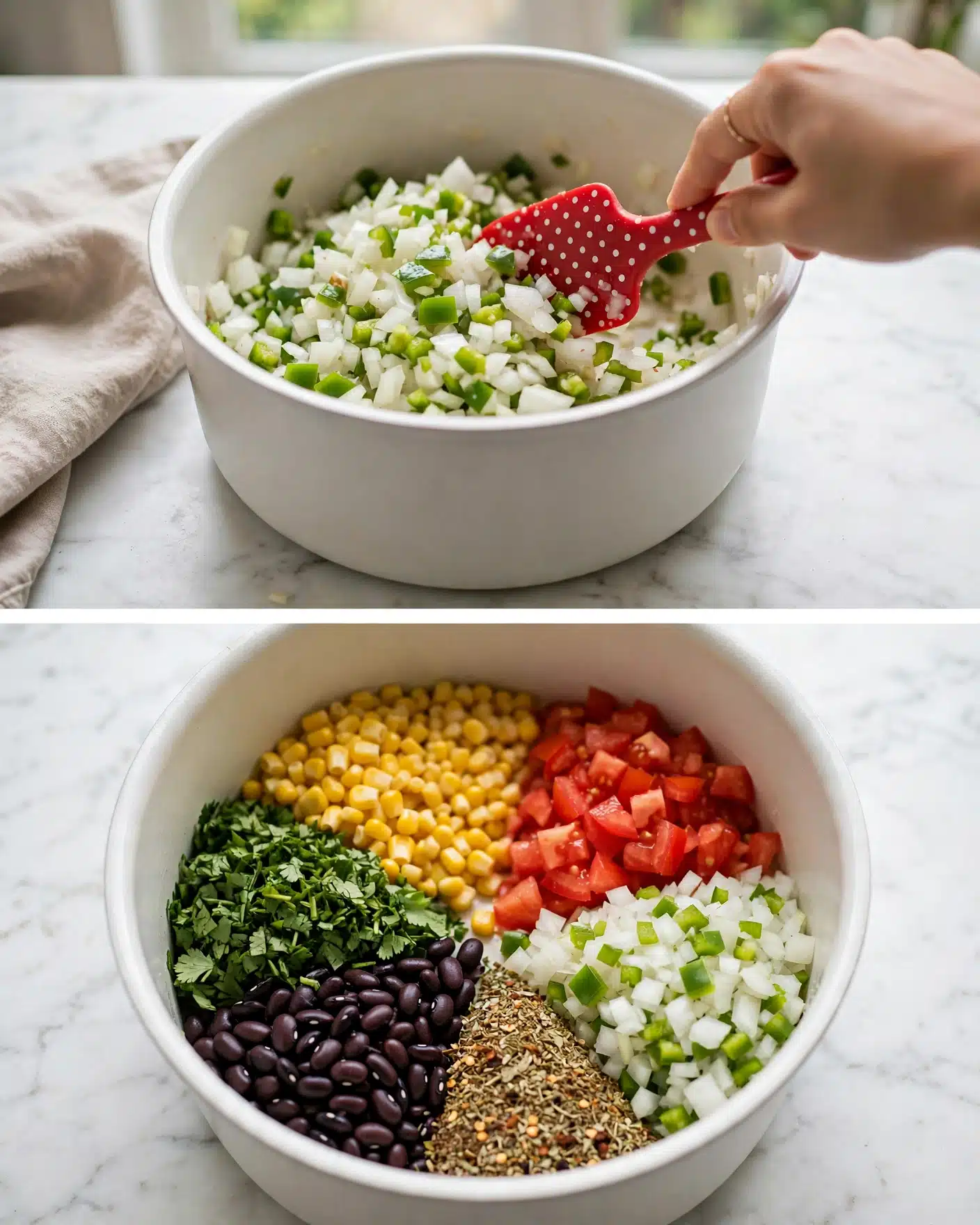 Creamy Chicken Tortilla Soup Recipe 4 The image shows two white pots on a white marbled surface. The first pot contains chopped white onion and green peppers being stirred with a red spatula that has big white dots, showing a mixture of white and green colors with a soft texture. The second pot is divided into several colorful sections: bright yellow corn kernels at the top left, red chopped tomatoes at the top right, black beans at the bottom left, and a mix of finely chopped white onions and green peppers at the bottom right. A layer of brown spices, with a powdery texture, lies in the bottom middle of the pot. The contents form distinct colorful layers without mixing. photo taken with an iphone --ar 4:5 --v 7