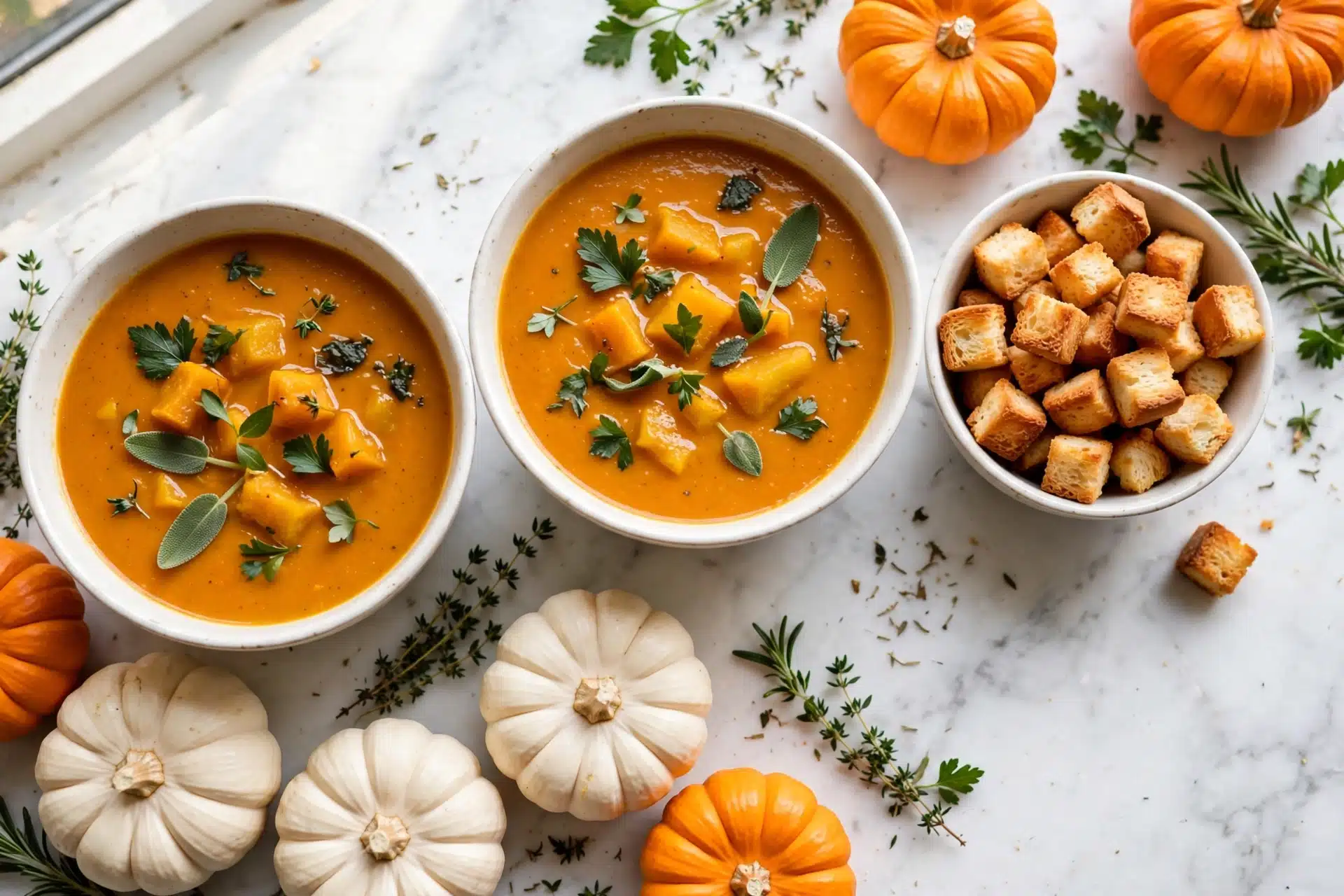 Pumpkin Tomato Soup with Crispy Sage Butter Recipe 5 A white bowl filled with a smooth, thick orange soup, with a few small bubbles on the surface. On top of the soup, there are several crispy beige-brown croutons clustered in the center, and four dark green leaves, some partially covered in a shiny layer of oil, arranged around the croutons. The bowl is placed on a white marbled surface. photo taken with an iphone --ar 4:5 --v 7
