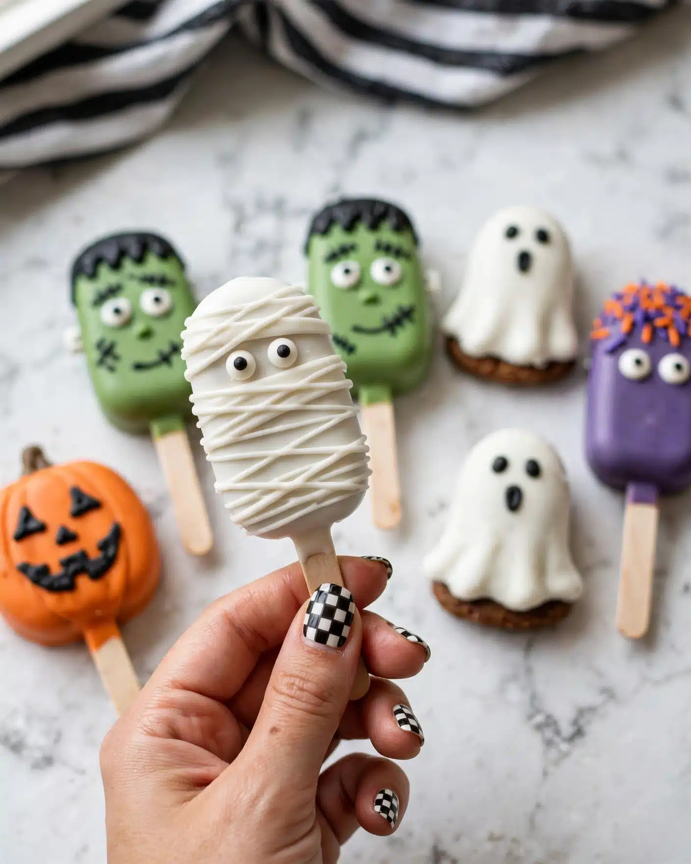 Monster Cake Pops Recipe 5 A woman's hand is holding a small popsicle shaped like a green Frankenstein face with raised white eyes with black dots, black hair squiggles on top, and a stitched black mouth line. Behind it on crumpled white paper over a white marbled surface are more Halloween-themed popsicles: another green Frankenstein, a white ghost with black eyes and mouth, a bright orange pumpkin with a black face, a purple pop with colorful sprinkles and eyes, and several others with white, brown, and orange coatings shaped like ghosts and pumpkins. The whole scene is set with a striped black and white cloth in soft focus in the background. Photo taken with an iphone --ar 4:5 --v 7