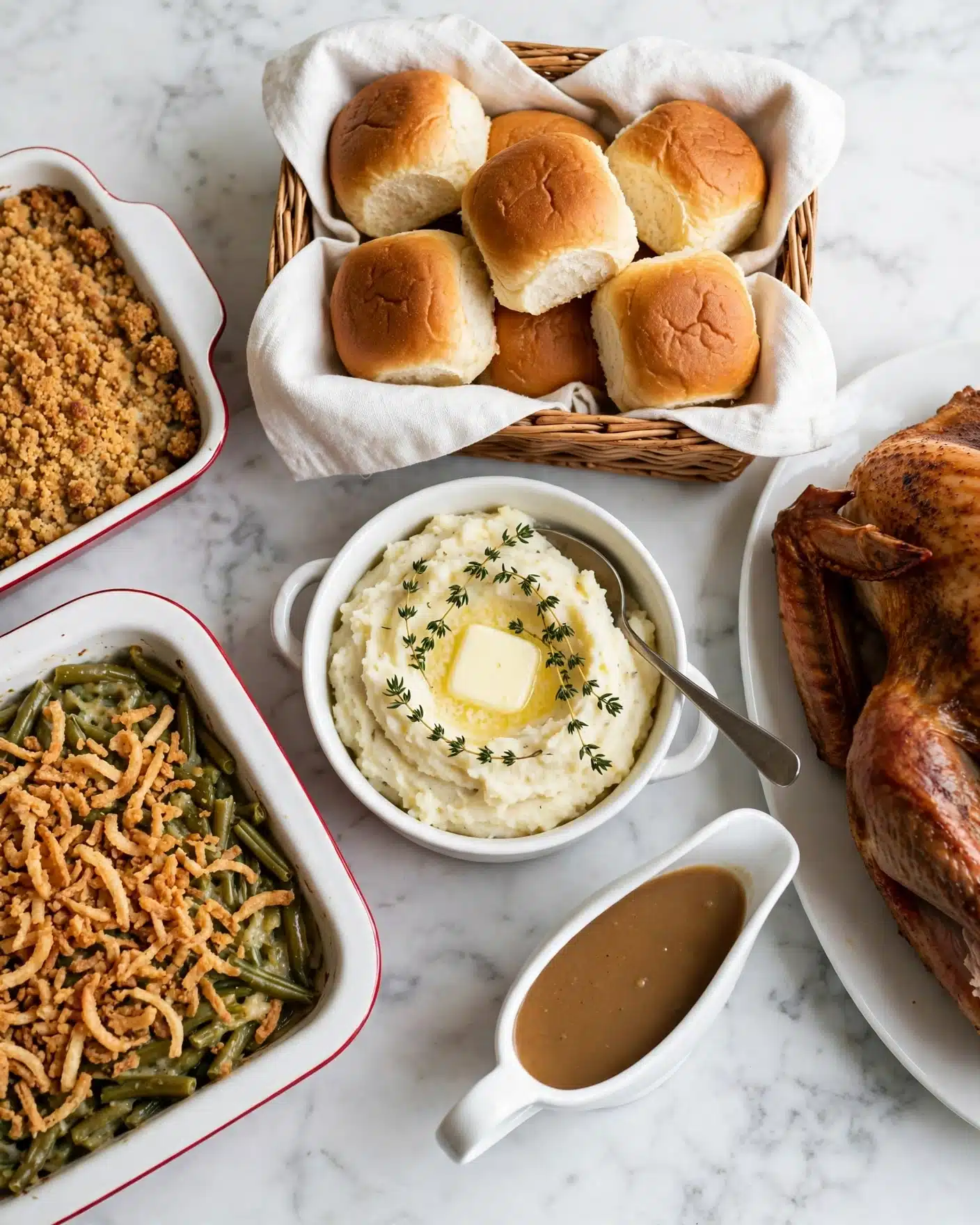 The image shows a white marbled table with a festive meal spread. In the center, there is a rectangular basket lined with a white cloth, filled with golden brown dinner rolls piled in a single layer. Just below it, a white bowl with handles holds creamy mashed potatoes, topped with melted butter and sprigs of fresh thyme, with a spoon resting inside. Nearby, a white gravy boat contains smooth brown gravy. On the left, there is a white casserole dish with red trim filled with green bean casserole topped with crispy fried onions. Above it, another similar dish holds a crumbly golden brown casserole topping. To the right, part of a roasted turkey with browned skin and visible crispy texture rests on a white platter. The whole scene is set on a clean white marbled surface, giving it a fresh and inviting look. photo taken with an iphone --ar 4:5 --v 7