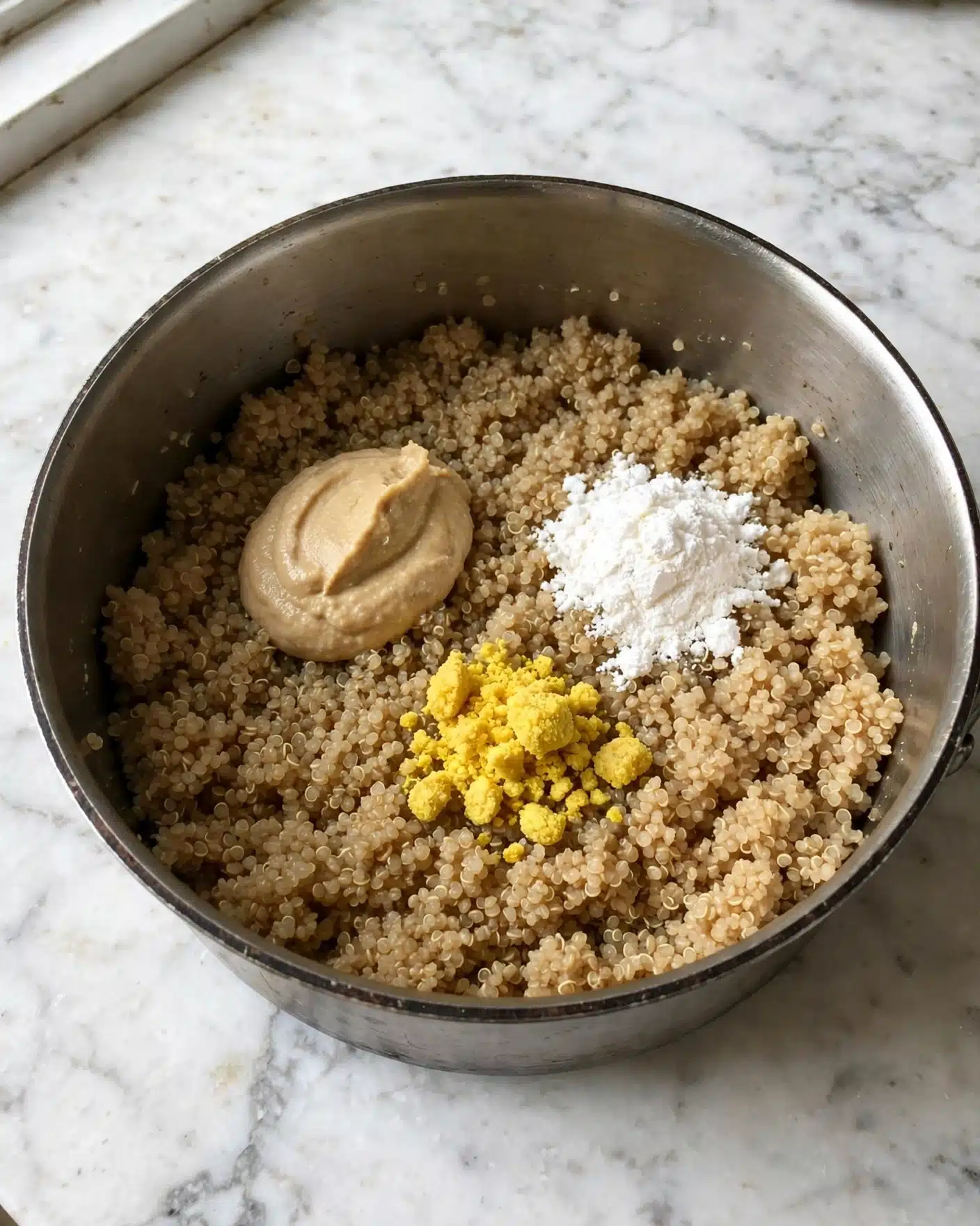 Ginger Miso Quinoa Recipe 4 A round metal saucepan filled with cooked quinoa, light brown and fluffy, forms the main base layer. On top of the quinoa, there are three distinct small dollops: a creamy light brown paste on the left, a white powdery pile on the right, and a small yellow crumbly heap just below the center. The saucepan sits on a white marbled textured surface. Photo taken with an iphone --ar 4:5 --v 7