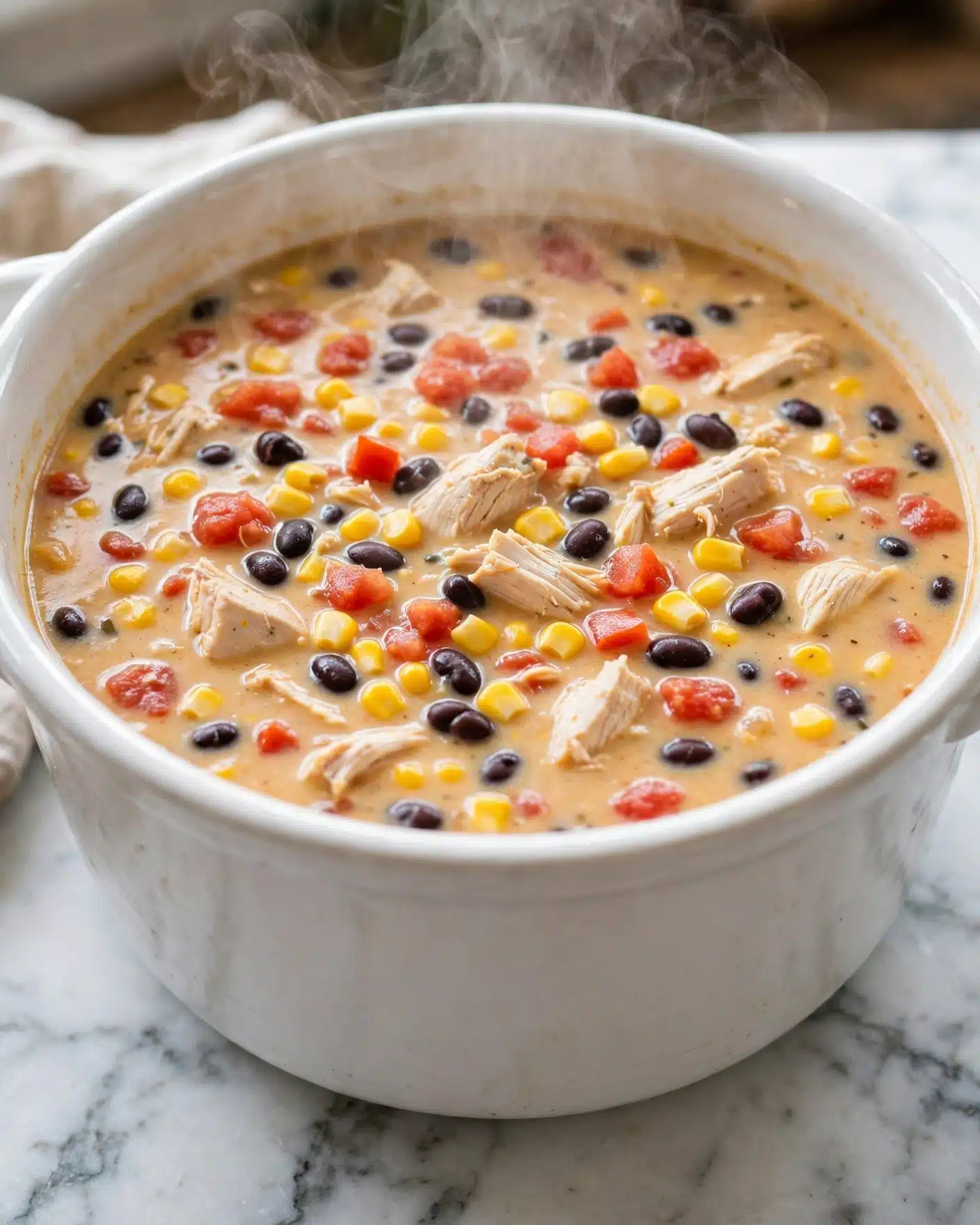 Creamy Chicken Tortilla Soup Recipe 5 The image shows a large white pot filled with a thick, creamy soup. The soup is light orange with visible ingredients like pieces of white chicken, black beans, corn kernels, and small red tomato pieces spread evenly on top. The pot is placed on a white marbled surface, showing the vibrant colors of the soup's ingredients clearly. The texture looks smooth with chunks floating throughout, and steam gently rises from the soup, suggesting it is hot. Photo taken with an iphone --ar 4:5 --v 7