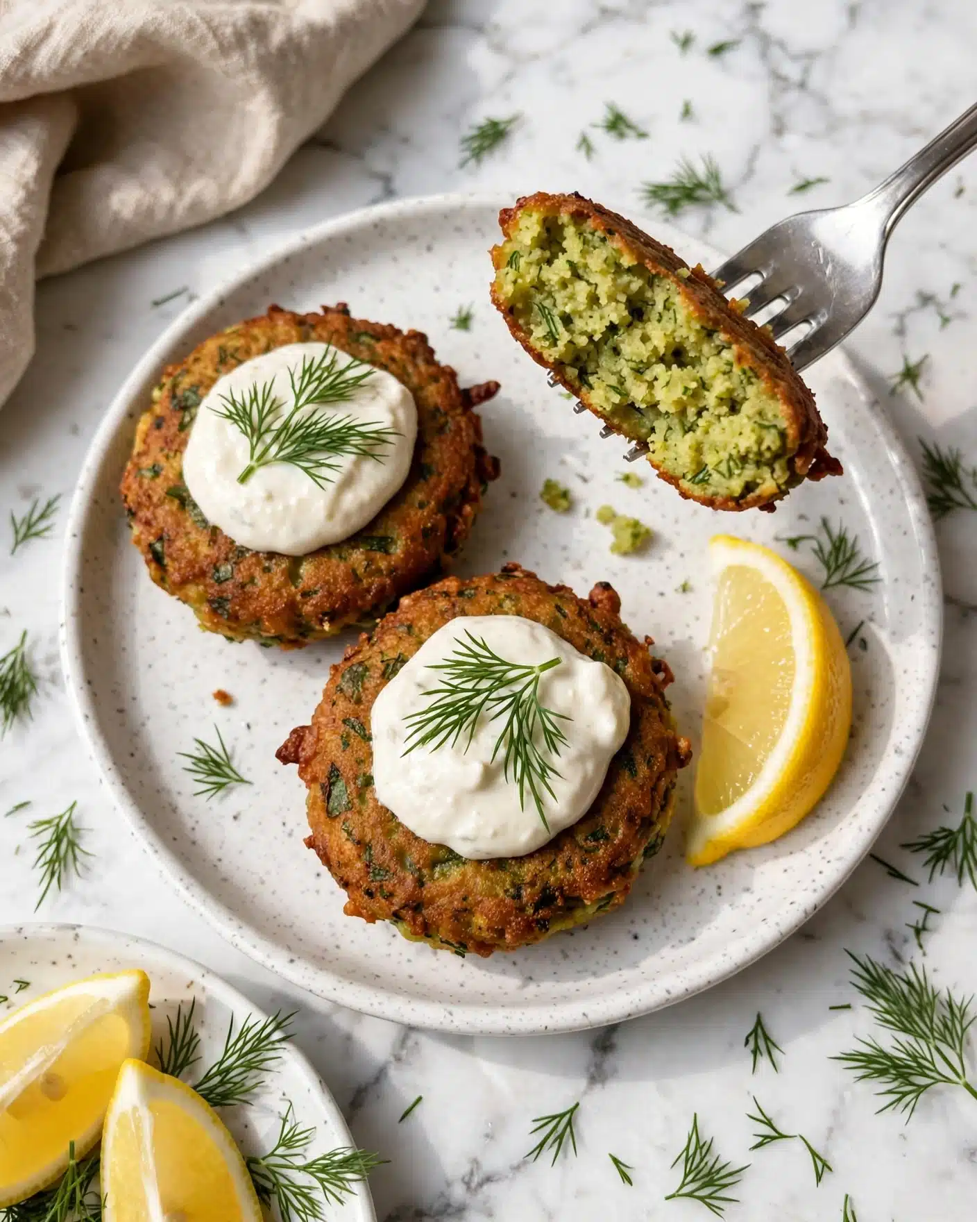 Easy Zucchini Quinoa Fritters with Dill and Lemon Recipe 5 Three golden brown fritters with a crispy surface and bits of green herbs are placed on a white speckled plate on a white marbled background. Two fritters have a dollop of white sauce topped with fresh dill, while one fritter is being held by a silver fork showing a soft, green and grainy inside. A bright yellow lemon wedge sits next to the fritters on the plate. Small sprigs of fresh dill are scattered around the dish. A beige cloth napkin partially appears in the top left corner, and a small white plate with lemon wedges and dill is at the bottom left corner. Photo taken with an iphone --ar 4:5 --v 7