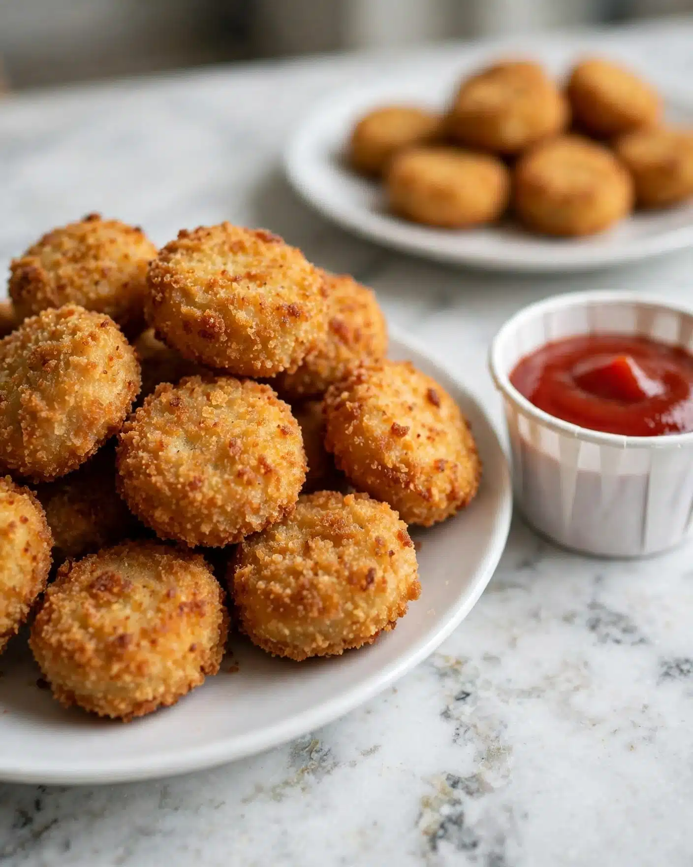 3 Ingredient Crispy Keto Nuggets Recipe 5 A white plate filled with golden, crunchy chicken nuggets stacked close together, with one nugget dipped halfway into a small white paper cup filled with bright red ketchup; the nuggets have a rough, crispy texture and warm orange tones, and the plate sits on a white marbled surface with subtle veins; in the background, more nuggets are slightly blurred on another white plate, adding depth to the image. photo taken with an iphone --ar 4:5 --v 7