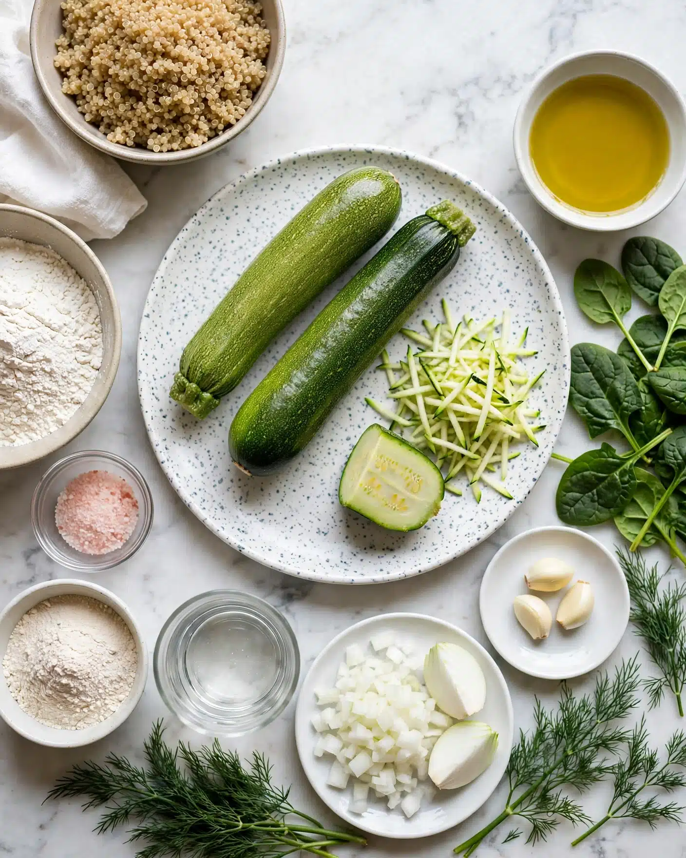 Easy Zucchini Quinoa Fritters with Dill and Lemon Recipe 4 A white speckled plate holds two fresh whole green zucchinis, with one cut in half to reveal its lighter green inside, and some shredded zucchini placed next to it. Around the plate on a white marbled surface are various bowls and ingredients: a bowl of cooked quinoa with a light beige color and coarse texture, a beige bowl filled with white flour, a small clear bowl of pink salt, a white bowl with light beige powder, a glass of clear water, a white plate with chopped white onions and two onion wedges, a small white plate with three peeled garlic cloves, and a small white bowl of yellow olive oil. Next to these are fresh dark green spinach leaves and dill sprigs. A white cloth napkin is partially visible near the quinoa bowl. Photo taken with an iphone --ar 4:5 --v 7